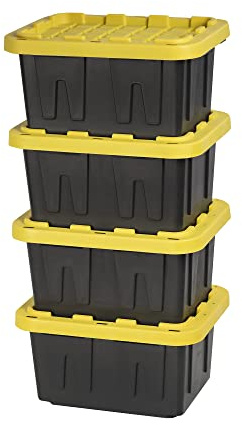 BLACK & YELLOW 5-Gallon Heavy Duty Storage Bins with Lids, Stackable Plastic Storage Bins with Weather-Resistant Design, Home Organization, 4-Pack
