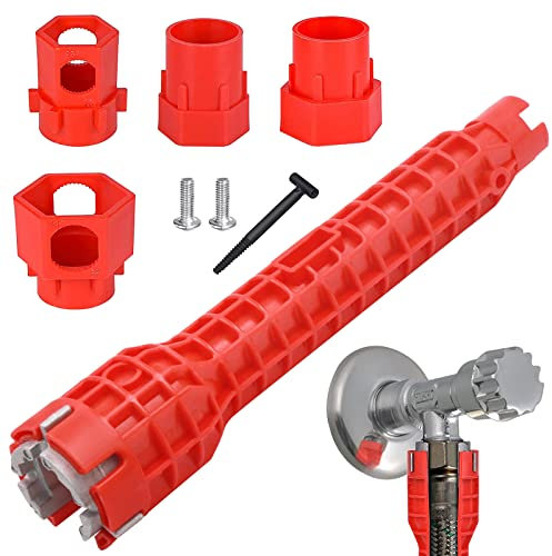Générique JNZLT Outil de Clé à Robinet 14 en 1, Clé D'Évier Rouge Multifonction Robinet Pipe Outil de Réparation pour Cuisine Plomberie, Évier et Cuvette de Toilette