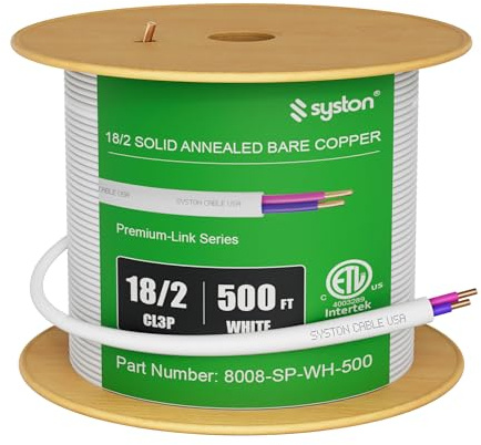 Syston Cable Technology 18/2 LED Lighting Dimmer Dimming Luminaire Control Wire Cable,18 AWG 2 Conductors Solid Bare Copper Unshielded Plenum Rated CMP CL3P FT6, for Ballast Wiring and Connection