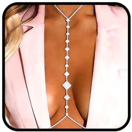 Bounzhi Rhinestone Body Chain Bra Crystal Body Jewelry Boho Bikini Body Necklace Crossover for Women(D)