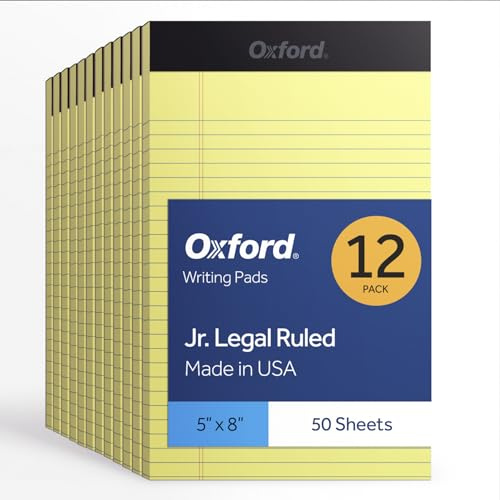 Oxford Premium Legal Pads, 12 Pack, Premium Note Pads, 50 Jr. Legal Ruled 5 x 8 Sheets, Canary Yellow Paper with Firm Back, Small Portable Notepads