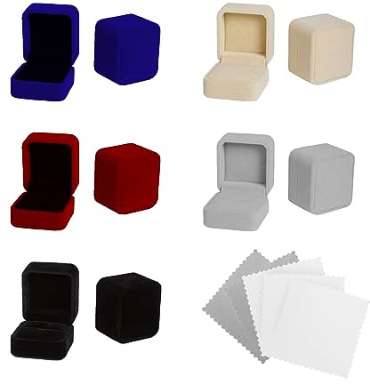 TAFACE 5pcs Velvet Ring Gift Box, viene con 5 paños de limpieza de joyas, elegante caja de almacenamiento para joyas, caja de regalo clásica para anillos de compromiso, pendientes