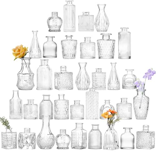 Fixwal Set med 36 knoppar, små vaser för blommor, klara knoppvaser för bordsuppsatser, mini blomvaser i bulk för rustika bröllopsdekorationer, vintage look, hem, bordsdekor
