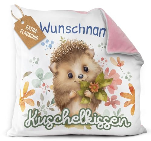 Print Royal PR Flauschiges Kuschel-Kissen für Kinder mit Füllung mit Name selbst gestalten - Igel Kissen für Mädchen und Jungs, Kinderkissen mit Name | 40 x 40 cm, Rückseite Rosa Flauschig