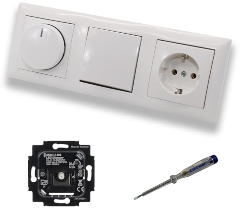 Busch Jäger 6523U-102 LED Drehdimmer Dimmer + Scheibe 2115-914 + Lichtschalter 2000/6US + Steckdose Kinderschutz 20EUCKS-914 Balance Si alpinweiß + EBROM Phasenprüfer z. Montage d. Geräte 6523 U – 102