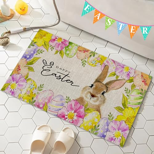 ACAREY Osterdeko Fußmatte, Ostern Fussmatte Mit Osterhase Deko Schmutzfangmatte Waschbar Fussmatte Für Innen & Außen, Schmutzfangmatte Hasen Frühling Küche Teppich Bodenmatte (B)