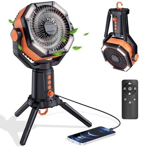 Mytrix Outdoor Standing Fan Rechargeable, Foldable 20000mAh Powered Camping Fan with Powerful Dual-Motor, LED Lantern, Remote Control, Tent Hook, 270° Oscillating for Home Picnic, Barbecue, Jobsite