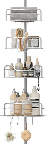 SONGMICS Duschregal, Badregal, Duschablage ohne Bohren, Gesamthöhe 80-323 cm, mit 4 Ebenen, Regal höhenverstellbar, für Badezimmer, taubengrau BCB003E01