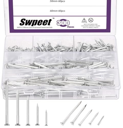 Swpeet Kit de 300 pièces 5 tailles 3/4 1-1/4 1-3/5 2 2-3/8 Ensemble de clous en acier, clous galvanisés, petits clous, clous de finition, clous muraux, clous en bois, clous pour briques en béton