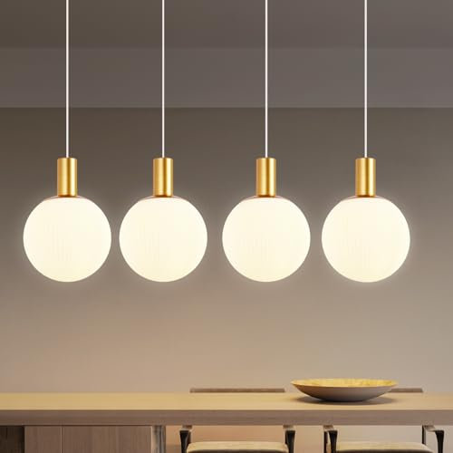 CBJKTX Suspension table à manger en verre - E27 Suspension 4 feux Lampe de cuisine suspendue Réglable en hauteur d'or Lampe à suspension pour salon Dining Hôtel Bureau Couloir (sans ampoules)
