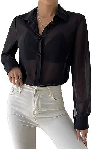 GORGLITTER Women's Chiffon Sheer Button Down Blouses Long Sleeve Collared Sexy Shirt Tops Black L