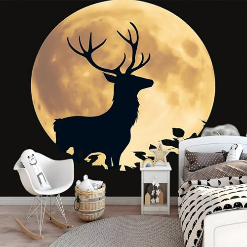 Fototapeten Schwarz - Großes Geweih-Rentier vor Vollmond - Vlies Wandbilder eignen sich zur Dekoration von Wohnzimmern Schlafzimmern Küchen und Kinderzimmern 300 x 210 cm