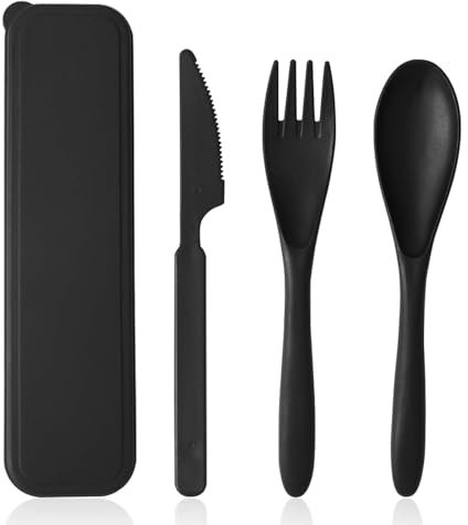Travel Cutlery Set with Case Plastic Reusable Cutlery Set for Camping Travel Picnic Office School Lunch Box (Black)
