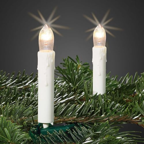 hellum Lichterkette Kerzen innen, 10 Lichter, Wachstropfen weiß, Stecker | Christbaum Lichterkette warmweiß mit Clip, beleuchtet 3,60m, Kabel grün, Lichterkette Weihnachten innen <59lm 614008