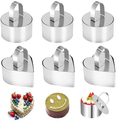 ITSNECTAR 6 Stück Dessertringe und Speiseringe, 8cm Servierringe,Lebensmittel Ringe, Ring Set klein, Dessertringe & Tortenring,Edelstahl Mousse Ringe für Desserts, Kuchen, DIY（Herzförmig Rotundität）