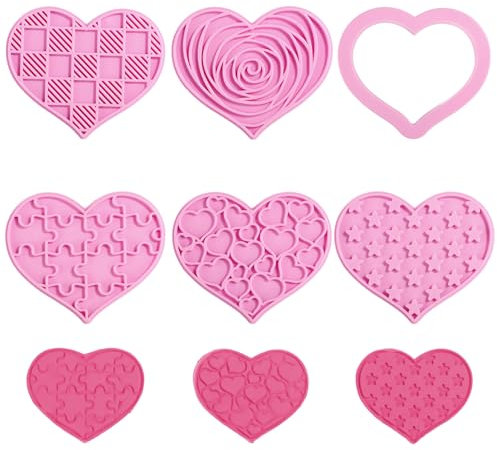 6uds Cortador Galletas Corazon, Sellos para Galletas de San Valentín de Material BPA Juego de Prensas para Galletas de Corazón con Diferentes Patrones para Hornear San Valentín(Rosa)