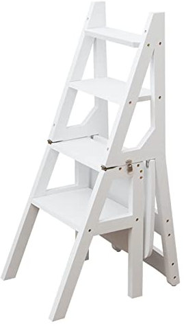 4 Step Wooden Folding Ladder Chair Multifunctional Shelf Stairway Chair for Indoor Kitchen and Office White Color.