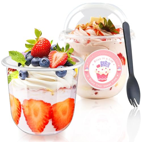 Huanmin Lot de 50 Verres à Dessert en Plastique - 360 ml - Avec Couvercles et Cuillères - Réutilisables - Pour Desserts Faits Maison, Pudding, Mousse, Glace