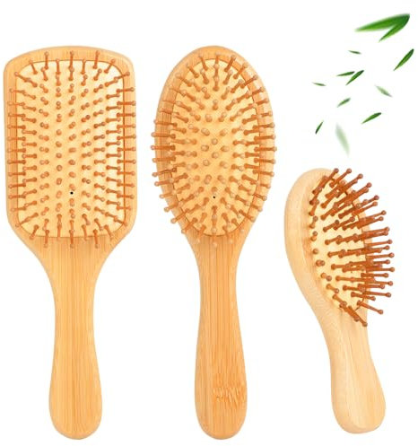 3 Spazzole per Capelli Naturali in Bambù, Bambù Sostenibile con Massaggio Antistatico per il Cuoio Capelluto - Design Quadrato, Ovale & Mini Ovale per Capelli Secchi/Ondulati/Sensibili, Donna e Uomo