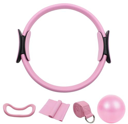 5 Stück Pilates Ring Set mit Yoga Ball, Yoga Gurt und Fitnessbänder, Pilates Essentials Kit für Frauen, Pilates Set für Zuhause, Geeignet Fitnessgerät für Heimtraining und Studio-Workout (Rosa)