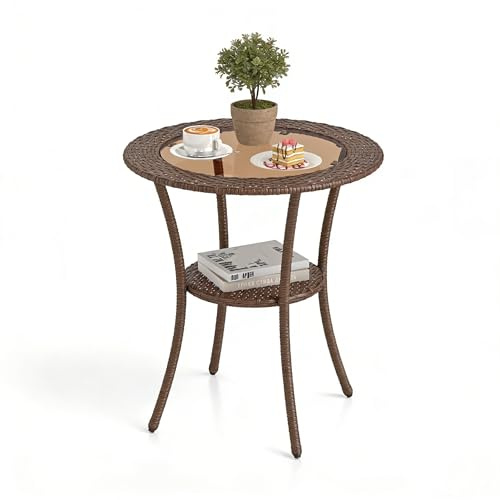 LIFEZEAL Tavolo in rattan con piano in vetro temperato, tavolino rotondo con struttura in metallo, tavolino da caffè per esterni, giardino