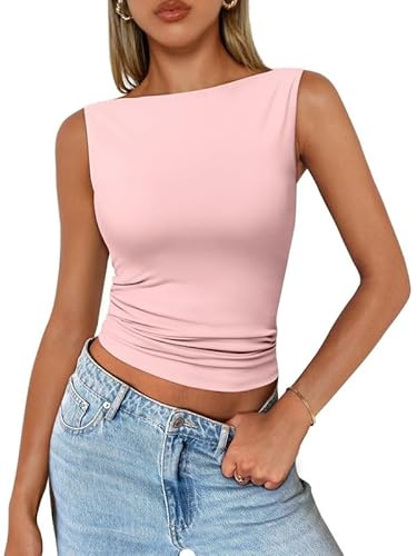 Sukiglam Camiseta sin Mangas para Mujer Crop Top con Cuello Barco Sexy Y2K Ajustada Tops Elegante Blusas Slim Fit Camisetas de Verano Casual Chalecos Basica Estiramiento Camisolas Shirt Streetwear
