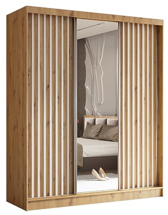 AXLIVING Cabinio Schwebetürenschrank 180 cm Breit Eiche Artisan Weiß Lamellen mit Schubladen