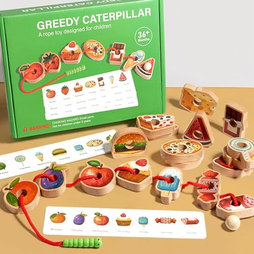 Wooden Greedy Caterpillar Stringing Toy, Montessori Wooden Lacing Beads Toys for 2+ Year Old, Fruit & Vegetable Caterpillar Lacing Bead String Game,Threading & Stacking,Fine Motor Skills Farm Toys