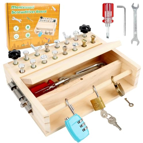 SINZONeu® Tableau à Visser Montessori avec Couvercle Aimanté & 3 Cadenas, Planche Sensorielle en Bois avec 7 Types de Vis & Outils, Jouet Motricité Fine pour Enfants 3 4 5 Ans