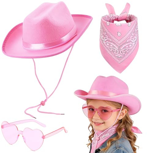 FCXVXCL Cowboyhut Mädchen Set 3 Stücke Western Cowboy Kostüm Kit Mit Rosa Gürtel Mütze Schal Und Herzförmiger Sonnenbrille Für Jungen Mädchen Geburtstagsfeier Party