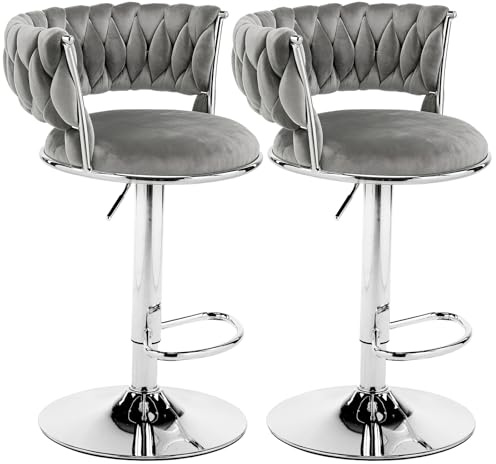 LEADZM Barhocker 2er Set mit Samtsitz (Dunkelgrau) | Barhocker Höhenverstellbar mit Samtsitz, Barstuhl 2er Set, Bar Stool, Küchenhocker, für Bar Küche Theke Café