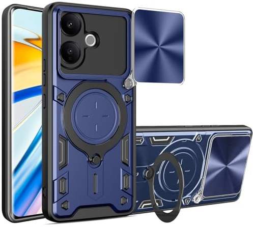 HOJODDO Funda para Motorola Moto E13, Carcasa con Soporte de Anillo Metálico Rotativo 360° y Tapa de Lente, Funda Protectora Antihuellas.Azul