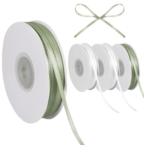 Satinband 3mm x 45m, 4 Rollen (Weiß 2 + Grün 2) Polyester Geschenkband, Schleifenband Dekoband für Geschenkverpackung, Party, Blumen, Tortendeko & Bastelarbeiten