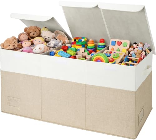 GRANNY SAYS Extra stor förvaringslåda med lock, 1-pack leksakslåda, hopfällbar tyglåda med lock, leksaksförvaring för barn, leksakskista för att organisera barnrummet, khaki vit, 96 x 33 x 40 cm