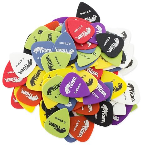 TIGER AP100A Pack mit 100 Gitarren-Picks - Plektren für Akustische/Klassische Elektrische und Bass Gitarren - Verschiedene Stärken Light/Medium/Heavy - 0,58mm/0,71mm/0,81mm/0,96 mm - Gemischte Farben