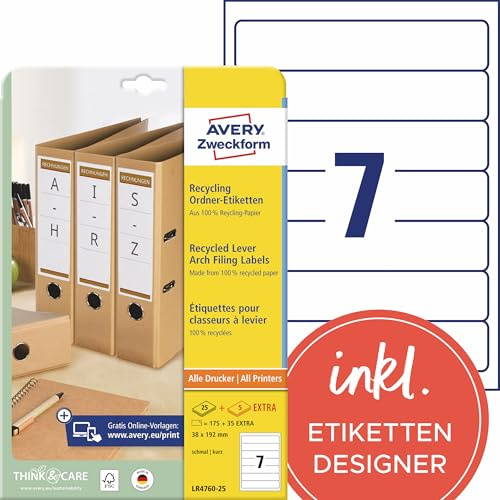 AVERY Specialform LR4760-25 Recycling mapperetiketter (med ultragrip, 210 bakre skyltar, smal/kort, 38 x 192 mm DIN A4, 30 ark självhäftande, tryckbar, iögonfallande mappetiketter) naturlig vit