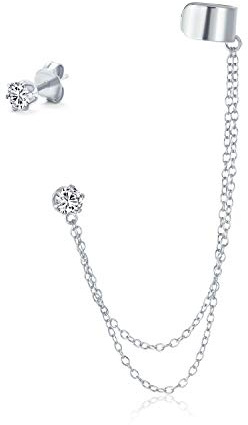 Anello geometrico per cartilagine, con due catene, con zirconia cubica, per donne, adolescenti, uomini, placcato oro rosa 14 carati, argento sterling 925