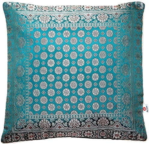 Handgfertigt Türkis Grün Dekokissen aus Indische Banarasi Seide - 40 cm x 40 cm | 16 x 16 Zoll. ***Handgewebt und handgenäht von Kunsthandwerkern aus Kaschmir-Indien***Unsere Markenspezialität***