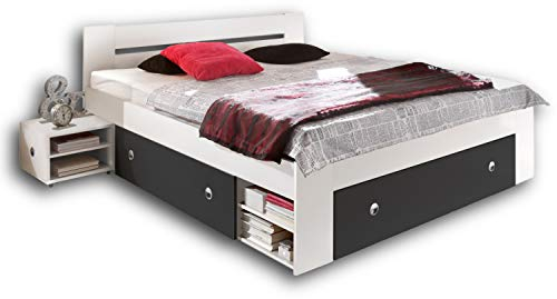Stella Trading STEFAN Doppelbett Bettanlage 140 x 200 cm mit 2x Nachtkommoden - Schlafzimmer Komplett-Set in weiß / Graphit - 145 x 86 x 204 cm (B/H/T)