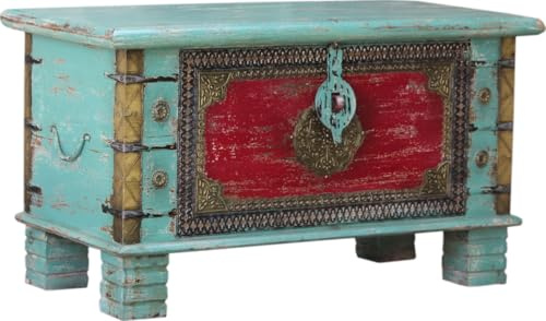 Guru-Shop Scatola di Legno Vintage, Cassapanca di Legno, Tavolino, Tavolino di Legno Massiccio, Ornato - Modello 42, Turchese, Legnodimango, 45x80x40 cm, Tavolini Tavoli da Caffè Tavoli da Terra