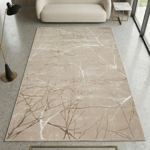 CARPETIA Teppich Zweigdesign Beige Braun mit Glanzeffekt 200x290 cm | Weich, pflegeleicht, langlebig und allergikerfreundlich, mit Glanzeffekt, OEKO-TEX geprüft, für Wohn- & Schlafzimmer