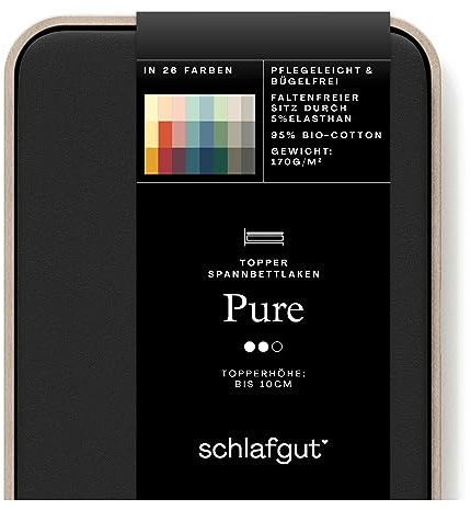schlafgut Pure Topper Spannbettlaken 140x200 cm Bio-Baumwolle, Off-Black | Bettlaken, Spannbetttuch 160x200, 160x220 cm, Schwarz, Topper, bis 10 cm Steg, Bio Baumwolle Elasthan, Made in Green