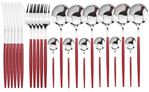 24 stücke Gold Geschirr Set 18/10 Edelstahlbesteck Set Gabelmesser Löffel Geschirr Set Flatware Set Silberwaren Set essgeschirr (Color : Red Silver)