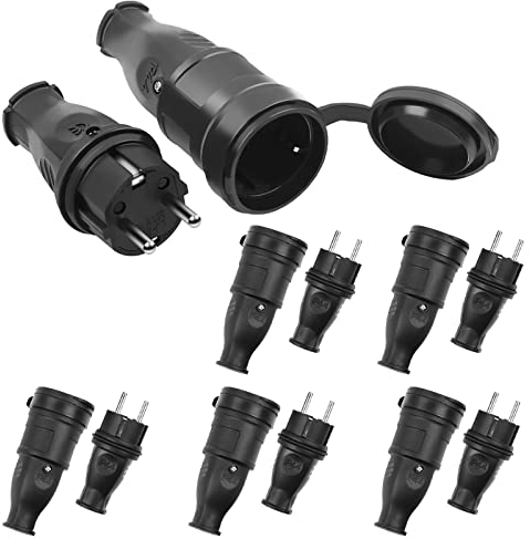 6Paar Schuko Stecker Kupplung, Gummi, 220-250V 16A & 3,7kW Schutzkontaktstecker Set mit Knickschutz, 2-Polig IP44 Stecker 230V für Außenbereich Kabelstecker