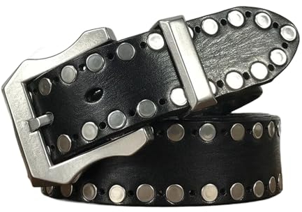 WRJAHCG Herren-Gürtel Nietengürtel, Gürtel Herren Leder Punk Dornschließe Western Punk, Vintage Verstellbare Lässiger Echtledergürtel mit Edelstahlschnalle,Schwarz,115CM/45.3''