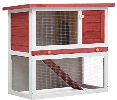 BAZZI Roter Kaninchenstall und Hasenstall mit 1 Tür, Kleintierhaus und Freigehege aus Holz für Kaninchen und Meerschweinchen, Hasenhaus, Hamsterkäfig, Kaninchengehege, Kleintierkäfig