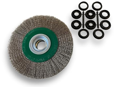 Kibros Brosse circ. touret INOX fil dur Ø 200 mm 3 rangs | Fil dur 0.30 mm ondulé, alésage 32 mm + réducteur bague 25-12 mm, meuleuse affûteuse ponceuse, décapage ébavurage brossage.