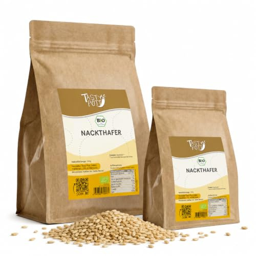 Tasty Pott Bio Nackthafer - Spelzfrei I Vegane Ernährung I Haferkörner I Für Müslibowls I Zum Brot backen I Bio Saat I Ganzer Hafer I Im Beutel 1000g (3x1000g)
