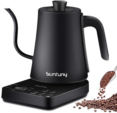 Electric Gooseneck Kettle with ±1℃ Temp Control, 1L Pour Over Coffee Kettle | LED Variable Temperature, Swan Neck Spout, Timer, 1200W Fast Water Boiler, Small Stainless Steel Drip Brew Tea Pot (Black)