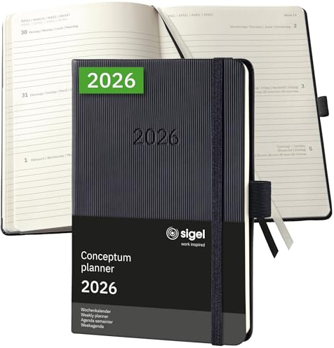 SIGEL C2613 Wochenplaner Wochenkalender 2026, ca. A6, schwarz, Hardcover, 176 Seiten, Gummiband, Stiftschlaufe, Archivtasche, aus nachhaltigem Papier, Kalenderbuch Conceptum